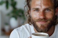 Smiling bearded Caucasian man with curly hair holding white coffee cup, wearing casual clothes against blurred background with houseplants.