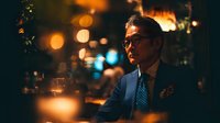 Sophisticated middle-aged Caucasian businessman in elegant suit enjoying whiskey at upscale bar with warm ambient lighting and bokeh background atmosphere.