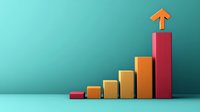 Growing bar chart showing upward trend with colorful ascending blocks and arrow on turquoise background, representing business growth and success.