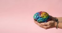 Human hands holding colorful rainbow brain model representing mental health awareness, psychology education and neuroscience concepts on pink background.