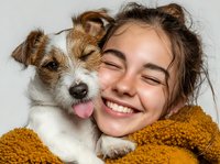 Young woman cuddling adorable Jack Russell terrier puppy, both showing pure joy and happiness in cozy indoor portrait for pet care and companionship concepts.