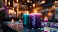 Glowing decorative candles with sparkly texture in turquoise and purple colors on dark surface with crystals and bokeh lights creating magical atmosphere.