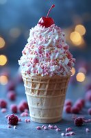 Whipped cream ice cream cone topped with red cherry and pink candy sprinkles on dark background with golden bokeh lights and scattered berries.