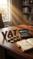 VAT tax calculation concept with wooden letters, calculator, coins and accounting ledger on office desk with warm sunlight streaming through window.