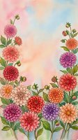 Colorful dahlia flowers frame with watercolor background for greeting cards, invitations and floral design projects with copy space in center.