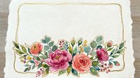 Watercolor floral arrangement with pink and coral roses, green foliage, and gold border frame on cream textured paper background for wedding invitations and greeting cards.