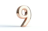 Metallic rose gold number nine on white background, dimensional numeral with reflective surface and soft shadow for modern design projects.