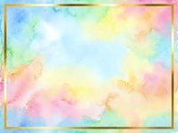 Pastel rainbow watercolor background with golden frame, soft colorful washes in pink, blue, yellow and green for cards and invitations.