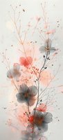Delicate floral composition in coral pink and gray tones featuring ethereal blossoms and wispy branches against soft neutral background. For wall art and textile design.