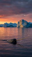 Dramatic Arctic icebergs floating in calm waters during golden hour sunset with vibrant orange and purple sky, perfect for travel and nature backgrounds.