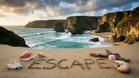Word ESCAPE written in sand on a dramatic coastal beach with shells, rocky cliffs, and ocean waves at sunset for travel concepts.