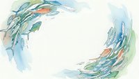 Abstract watercolor frame with flowing blue and green brushstrokes and orange accents on white background for creative design projects.