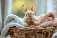 Adorable dwarf rabbit relaxing in wicker basket with soft towels, looking at camera with sweet expression against blurred window background.