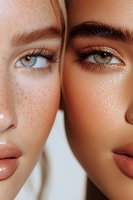 Close-up portrait of two women with contrasting skin tones showing natural freckles and glowing makeup, highlighting eyes, brows and glossy lips against white background.