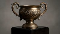 Ornate bronze trophy cup with decorative handles and floral engravings on pedestal base, symbolizing achievement and victory in competitions and awards ceremonies.