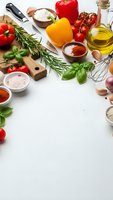 Fresh cooking ingredients with colorful bell peppers, tomatoes, herbs, olive oil, spices and kitchen utensils arranged on white background with copy space.