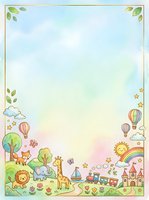 Whimsical nursery border frame with hot air balloons, animals, rainbow, castle, and train on pastel watercolor background. Isolated design element ready for children's stationery, invitations, and educational materials.