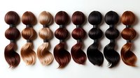 Rows of synthetic hair extensions in various shades from blonde to dark brown and black arranged neatly showing natural wave pattern and texture for beauty salon display.