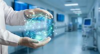 Healthcare professional holding glowing digital sphere with network connections in modern medical facility corridor for technology innovation concepts.