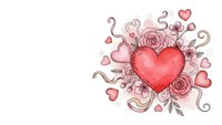 Red heart with pink roses and decorative swirls on white background for Valentine's Day cards, wedding invitations and romantic design projects.