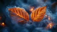 Glowing autumn leaves with detailed veins surrounded by mystical blue smoke and sparkling light particles, creating a magical forest atmosphere.