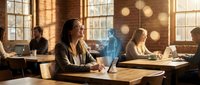 Young Asian businesswoman smiling while working on laptop in modern coworking office space with warm natural lighting and wooden tables.