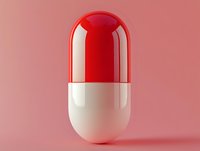 Large red and white medical capsule pill on pink background, minimalist pharmaceutical concept with soft shadows and glossy reflective surface.
