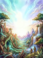 Fantasy landscape with glowing river, crystal mountains, waterfall, and explorers discovering a magical world filled with luminous energy and vibrant nature.