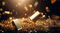 Falling gold bars on sparkling glitter surface with bokeh effect and dark background creates luxury financial concept for wealth and investment.