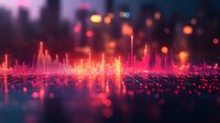Digital sound wave visualization with glowing pink and orange particles creating music frequency display on dark background for audio technology.