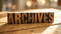 Wooden letterpress blocks spelling ARCHIVES on rustic table with warm bokeh lights creating cozy atmosphere for vintage typography and storage concepts.