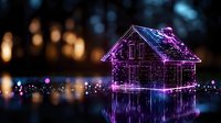 Glowing neon house with purple and blue lights reflecting on water surface against dark background, creating magical nighttime atmosphere with bokeh effects.