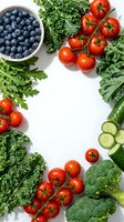 Fresh organic vegetables and blueberries arranged in circular frame on white background. Healthy eating, diet and nutrition concept for wellness lifestyle.
