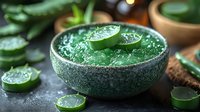 Fresh aloe vera gel in stone bowl with sliced pieces on dark background, natural organic skincare and wellness concept for spa treatments and beauty.