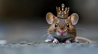 Brown mouse wearing tiny golden crown on blurred background, concept of royalty in animal kingdom or fairy tale character for children's book illustration.