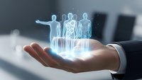 Businessman hand holding glowing holographic human figures representing team management, HR solutions, and digital workforce planning in modern office.