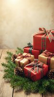 Festive Christmas gift boxes with plaid ribbons arranged with pine branches and cones on rustic wooden surface for holiday celebrations and seasonal greetings.