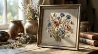 Framed wildflower embroidery on linen with poppies, daisies, and cornflowers, displayed on a rustic wooden table with vintage decor.