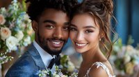 Happy interracial couple smiling at camera during wedding ceremony with white roses and greenery in background for romantic celebration designs.