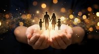 Hands holding glowing family silhouettes with children against golden bokeh lights background symbolizing protection, care and love for family unity.