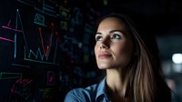 Young professional woman analyzing financial charts and graphs on dark background with neon data visualization elements, focused on market trends.
