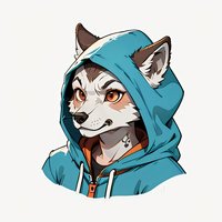 Stylized wolf character wearing turquoise hoodie, anime-inspired portrait with expressive orange eyes and detailed fur markings on white background, isolated design.