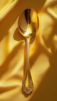 Golden vintage spoon with ornate handle pattern on luxurious silk fabric background with dramatic shadows and light effects for luxury dining concepts.