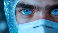 Close-up view of intense bright blue eyes above protective medical face mask, with frost or ice crystals creating dramatic effect in cold environment.