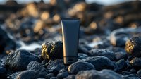 Up on dark rocks at sunset, natural beauty product packaging for skincare, spa and wellness branding presentation.