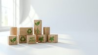 Wooden blocks with green eco-friendly symbols including recycling, net zero, and plant icons arranged on white surface for sustainable business concepts.