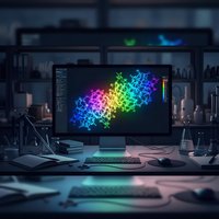 Modern computer workstation displaying colorful data visualization with rainbow particle effects on monitor screen in dark office environment for tech presentations.