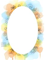 Watercolor summer frame with hand drawn doodles including palm trees, sun, waves and seashells on white background for tropical vacation designs.