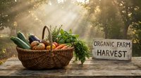 Fresh organic vegetables in wicker basket on rustic wooden table with sunlight streaming through trees, farm-to-table concept for healthy eating and sustainable agriculture.