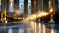 Ethereal sunbeams streaming through stained glass windows in gothic cathedral create mystical light rays and smoke atmosphere on marble floor with bokeh reflections.